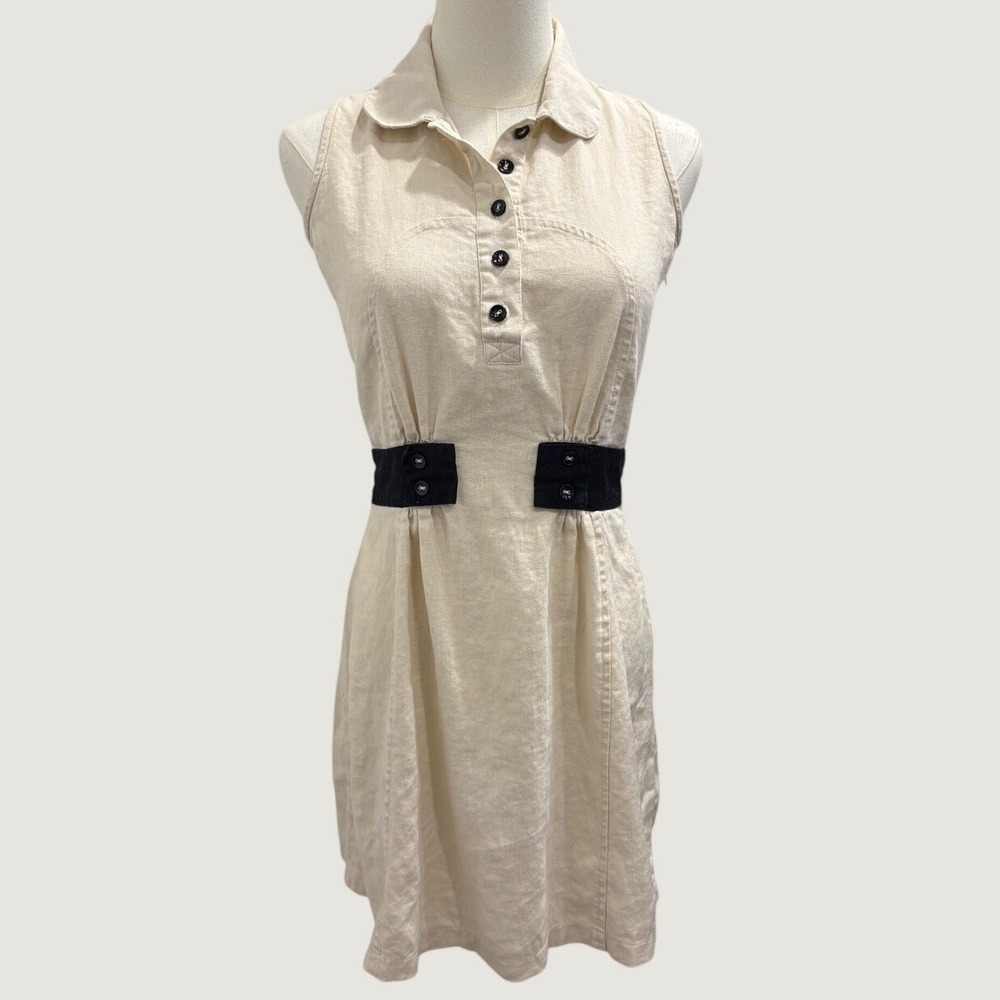 AND India Cream Linen Cotton Sleeveless Collared Shift Dress French Retro Mod S
